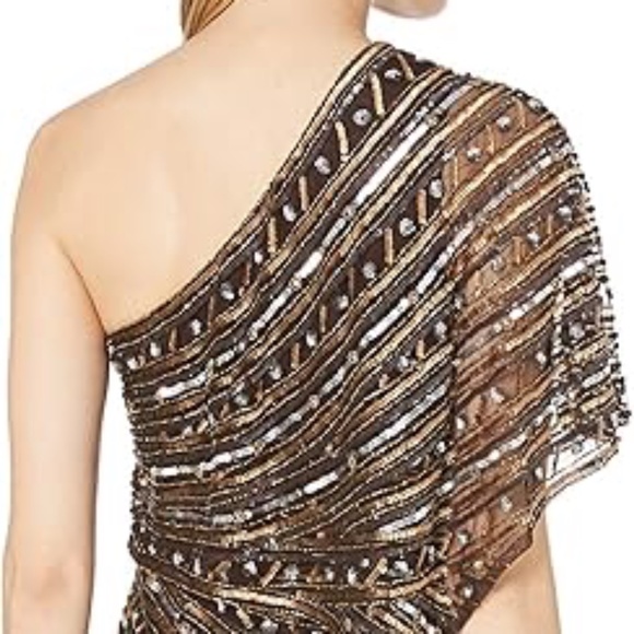 adrianna papell sequin one shoulder sheath dress in dark chocolate size 2. - Picture 3 of 4